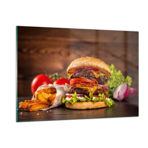 Impression sur verre - Image sur verre - Burger juteux avec garnitures et frites sur fond de bois - 120x80cm - Le fruit défendu - Décoration murale moderne pour le salon et la chambre ARTTOR