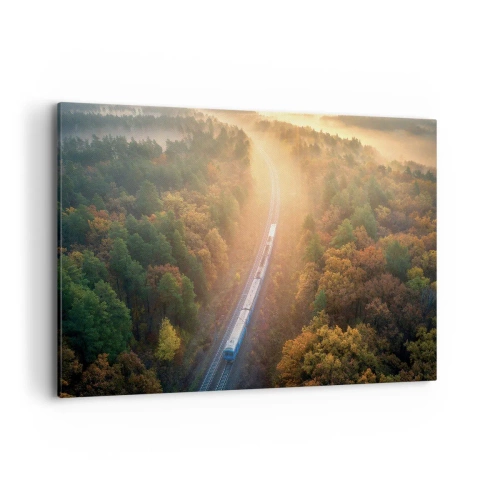Impression sur toile - Image sur toile - Un train dans une forêt d'automne à l'aube - 120x80cm - Voyage printannier - Décoration murale moderne pour le salon et la chambre ARTTOR