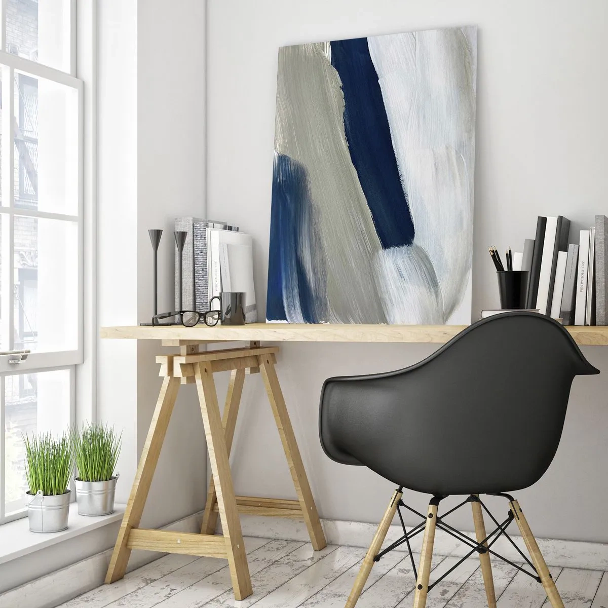 Impression sur verre - Image sur verre - Coups de pinceau abstraits dans des tons de bleu et de gris - 80x120cm - Rencontre avec la blancheur - Décoration murale moderne pour le salon et la chambre ARTTOR