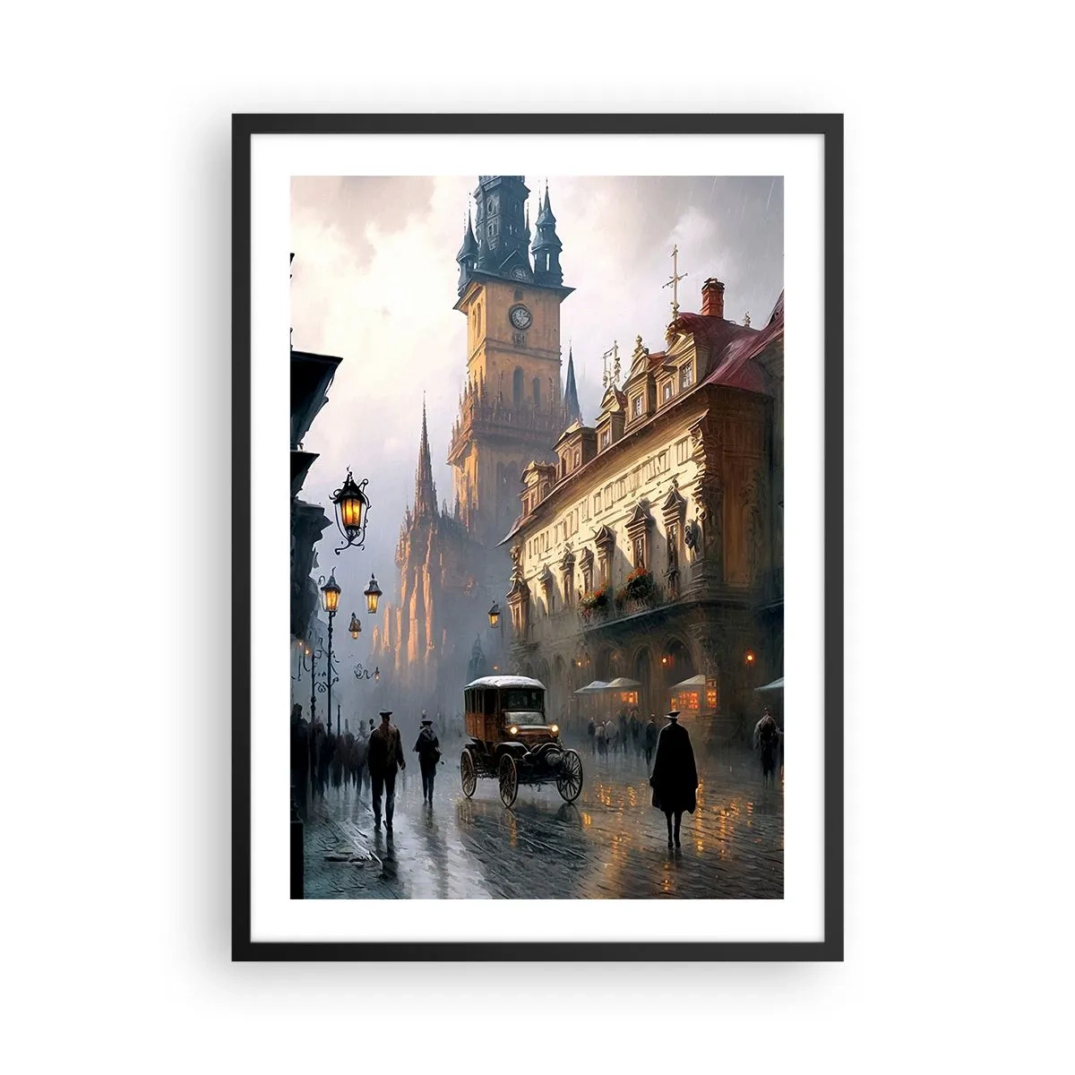 Affiche dans un cadre noir - Poster - Ville historique au crépuscule avec un véhicule historique - 50x70cm - Le charme d'une soirée pragoise - Décoration murale moderne pour le salon et la chambre ARTTOR