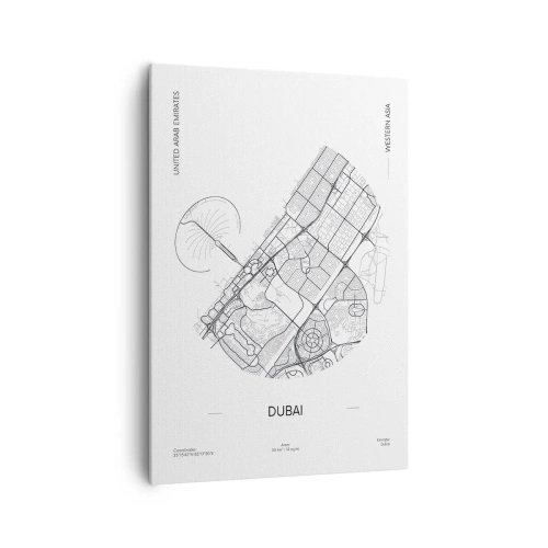 Impression sur toile - Image sur toile - Une carte minimaliste en noir et blanc de Dubaï avec des marquages de localisation. - 70x100cm - Anatomie de Dubaï - Décoration murale moderne pour le salon et la chambre ARTTOR