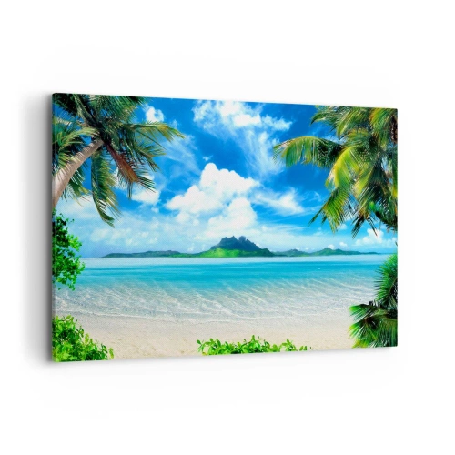 Impression sur toile - Image sur toile - Plage tropicale avec palmiers et vue sur l'île - 120x80cm - L'azur des tropiques - Décoration murale moderne pour le salon et la chambre ARTTOR
