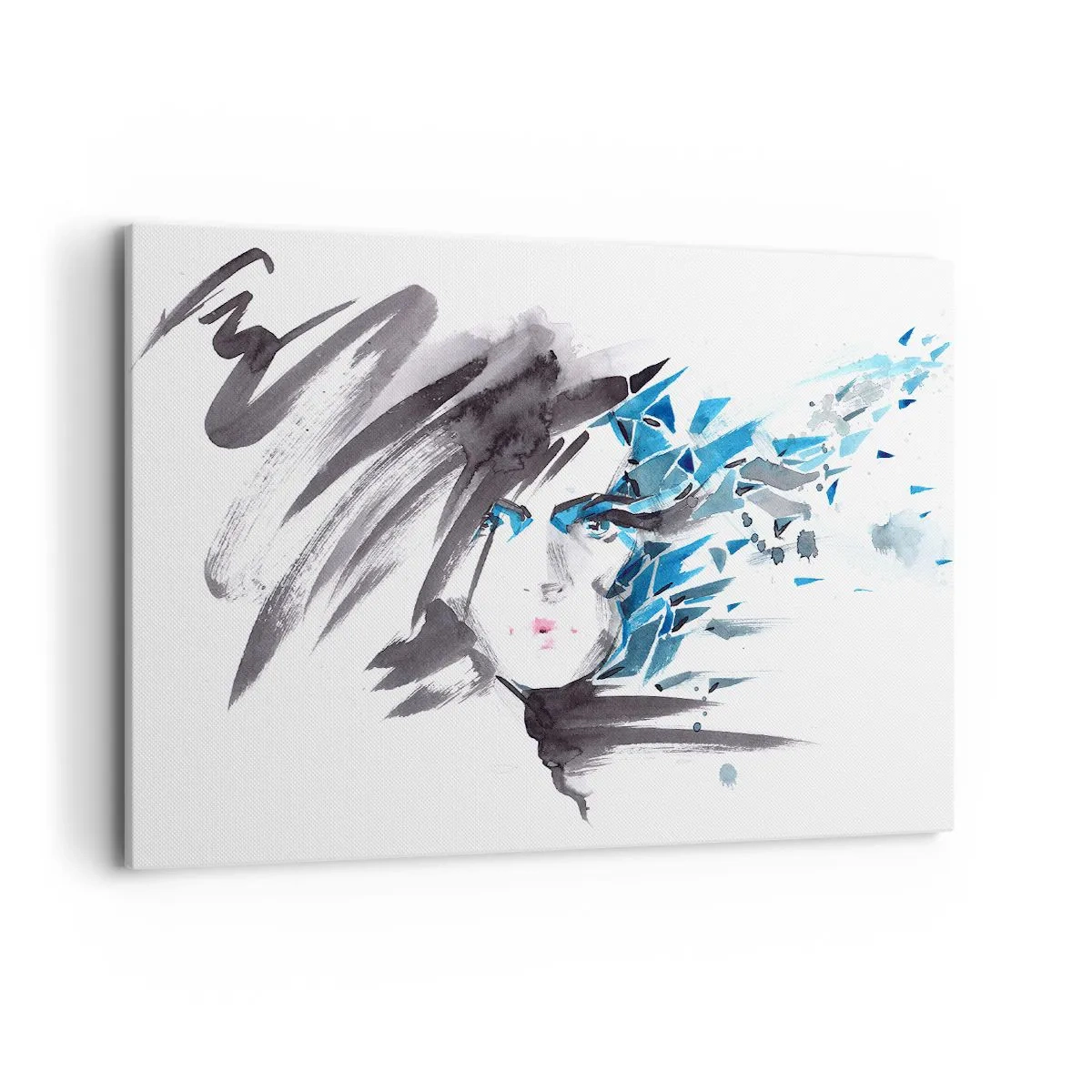 Impression sur toile - Image sur toile - Peinture faciale artistique à l'aquarelle avec des accents bleus - 100x70cm - Portrait sensuel en gris et bleu - Décoration murale moderne pour le salon et la chambre ARTTOR