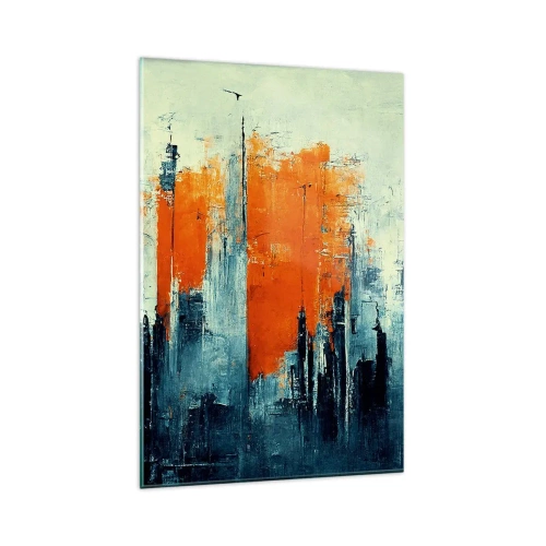 Impression sur verre - Image sur verre - Paysage urbain abstrait dans des tons orange et bleu - 80x120cm - Paysage moderne - Décoration murale moderne pour le salon et la chambre ARTTOR