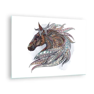 Impression sur verre - Image sur verre - Cheval coloré dans un style artistique avec des motifs géométriques - 70x50cm - Destrier guerrier celtique - Décoration murale moderne pour le salon et la chambre ARTTOR
