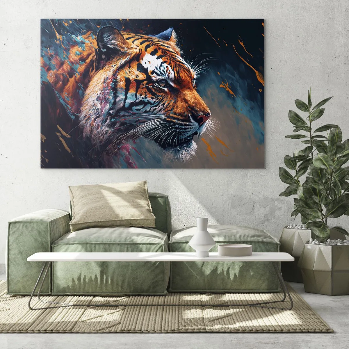 Impression sur verre - Image sur verre - Portrait d'un tigre dans une explosion artistique de couleurs - 100x70cm - Beauté sauvage - Décoration murale moderne pour le salon et la chambre ARTTOR