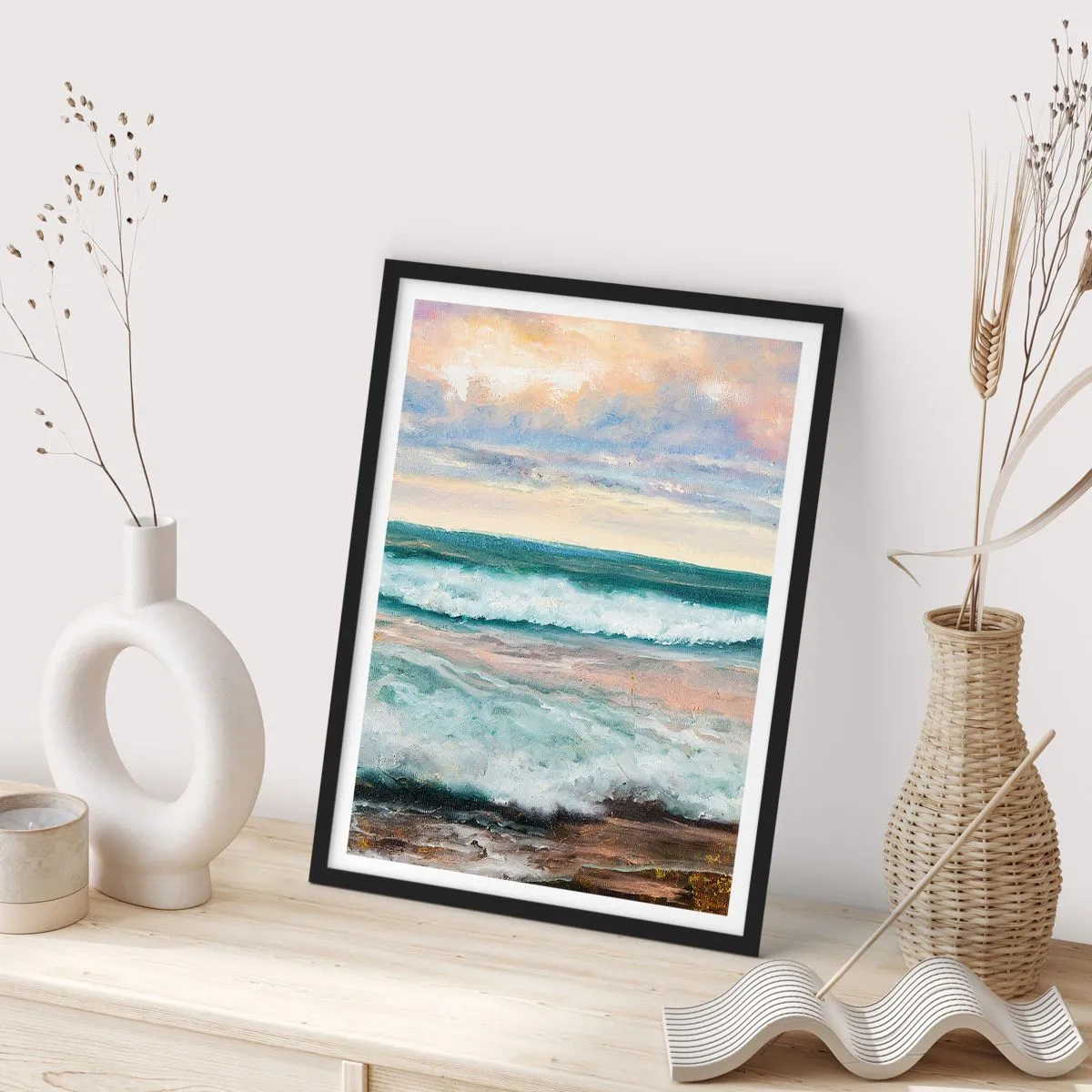Affiche dans un cadre noir - Poster - Vagues de la mer au coucher du soleil - 50x70cm - Ici tu adouciras ton âme - Décoration murale moderne pour le salon et la chambre ARTTOR