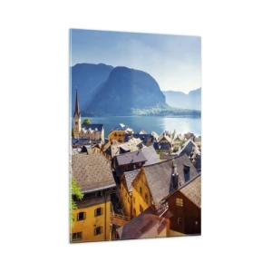 Impression sur verre - Image sur verre - Un village pittoresque au bord d'un lac entouré de montagnes par une journée ensoleillée - 80x120cm - ça ne pourrait pas être plus pittoresque - Décoration murale moderne pour le salon et la chambre ARTTOR