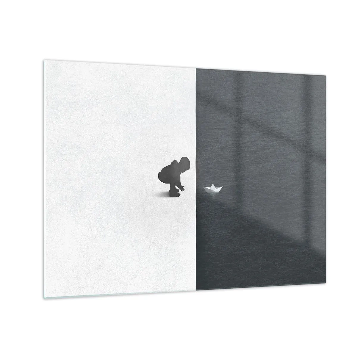 Impression sur verre - Image sur verre - Silhouette d'un enfant lançant un bateau en papier dans l'eau - 70x50cm - Grande expédition - Décoration murale moderne pour le salon et la chambre ARTTOR