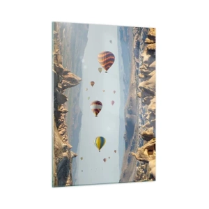Impression sur verre - Image sur verre - Ballons colorés au-dessus du paysage rocheux de la Cappadoce - 50x70cm - Ici, tout est possible - Décoration murale moderne pour le salon et la chambre ARTTOR