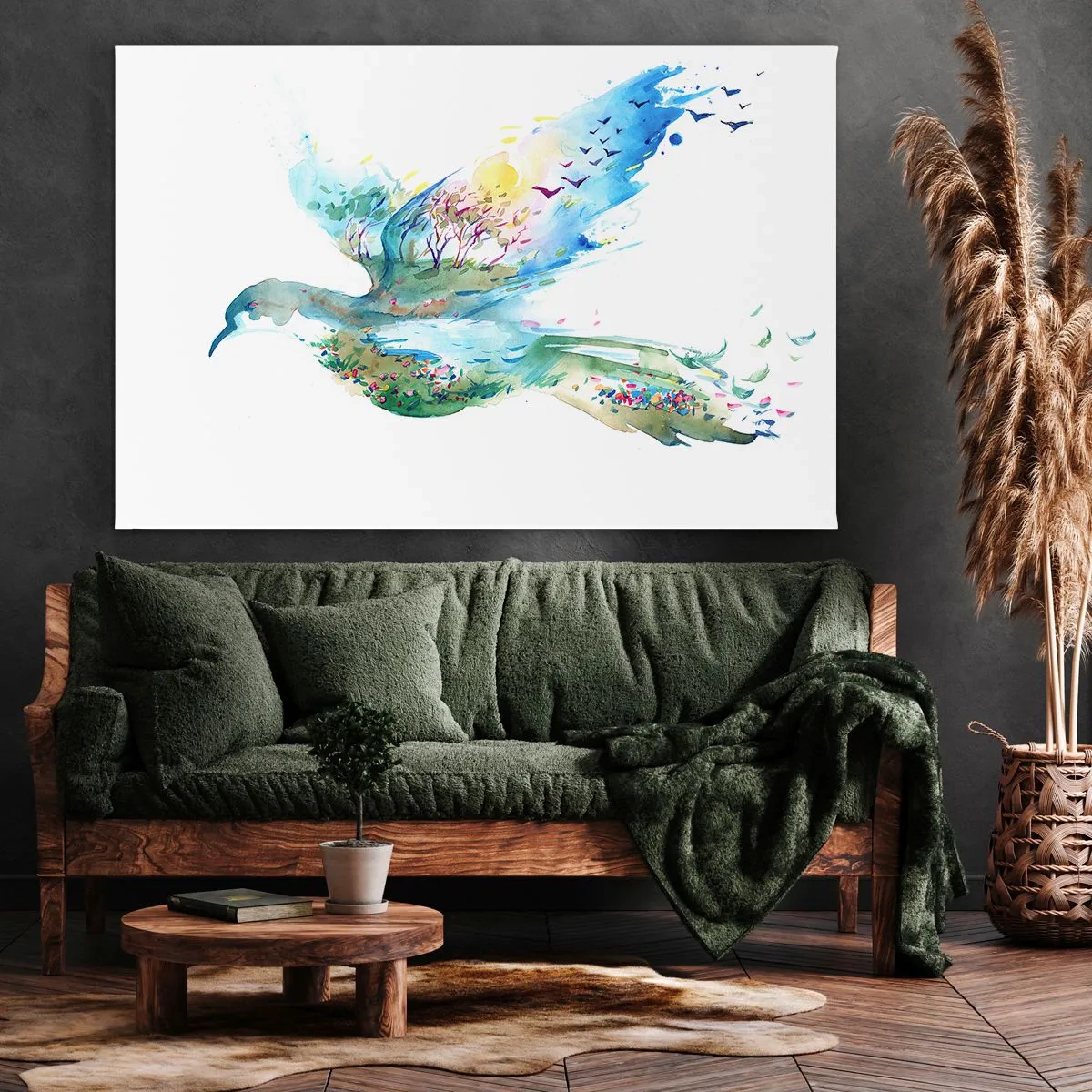 Impression sur toile - Image sur toile - Composition à l'aquarelle d'un oiseau avec des éléments de la nature - 120x80cm - Sur les ailes de la nature - Décoration murale moderne pour le salon et la chambre ARTTOR