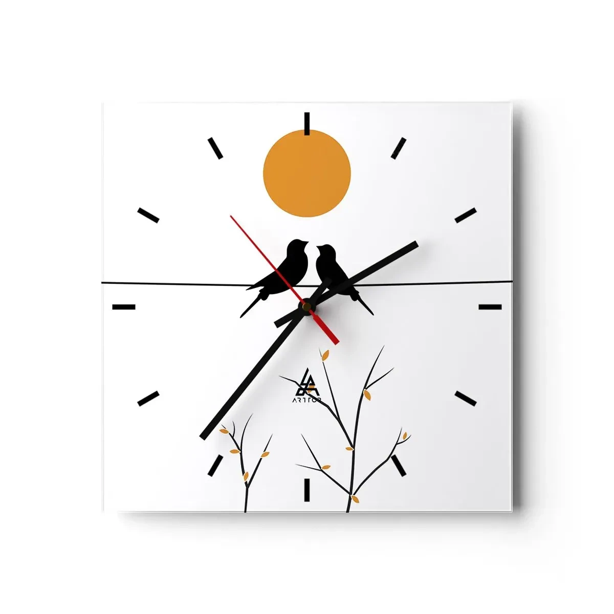 Horloge murale - Pendule murale - Oiseaux sur une ligne avec un soleil jaune - 30x30cm - Soirée pour rossignols - Décoration murale moderne pour le salon et la chambre ARTTOR