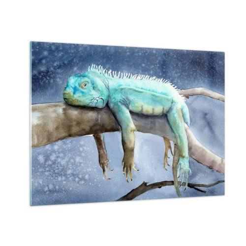 Impression sur verre - Image sur verre - Iguane bleu couché sur une branche dans un style aquarelle - 70x50cm - Tout va bien! - Décoration murale moderne pour le salon et la chambre ARTTOR