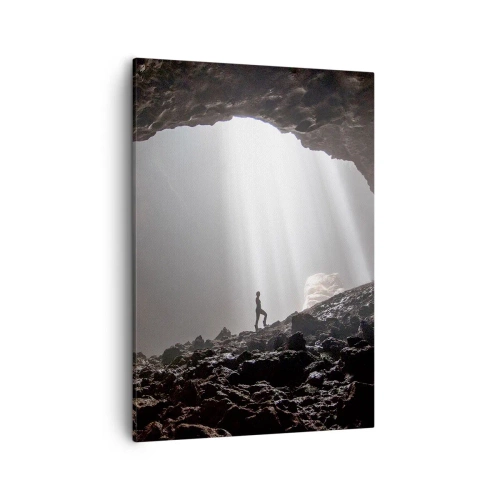 Impression sur toile - Image sur toile - Une figure dans une grotte éclairée par des rayons de lumière - 50x70cm - Grotte lumineuse - Décoration murale moderne pour le salon et la chambre ARTTOR