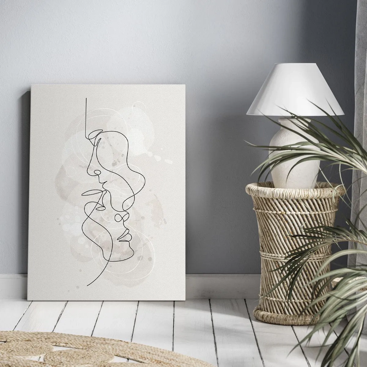 Impression sur toile - Image sur toile - Contour abstrait de deux visages sur fond clair - 50x70cm - Emmêlé dans une étreinte - Décoration murale moderne pour le salon et la chambre ARTTOR