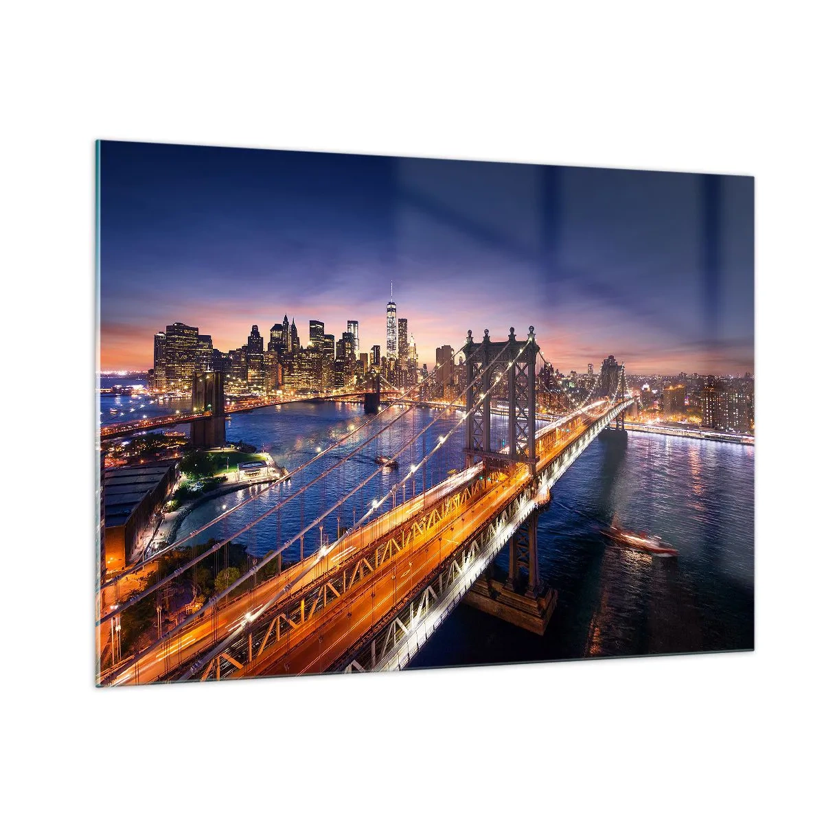 Impression sur verre - Image sur verre - Le pont sur fond de panorama urbain nocturne avec des gratte-ciel illuminés - 100x70cm - Un pont lumineux au cœur de la ville - Décoration murale moderne pour le salon et la chambre ARTTOR