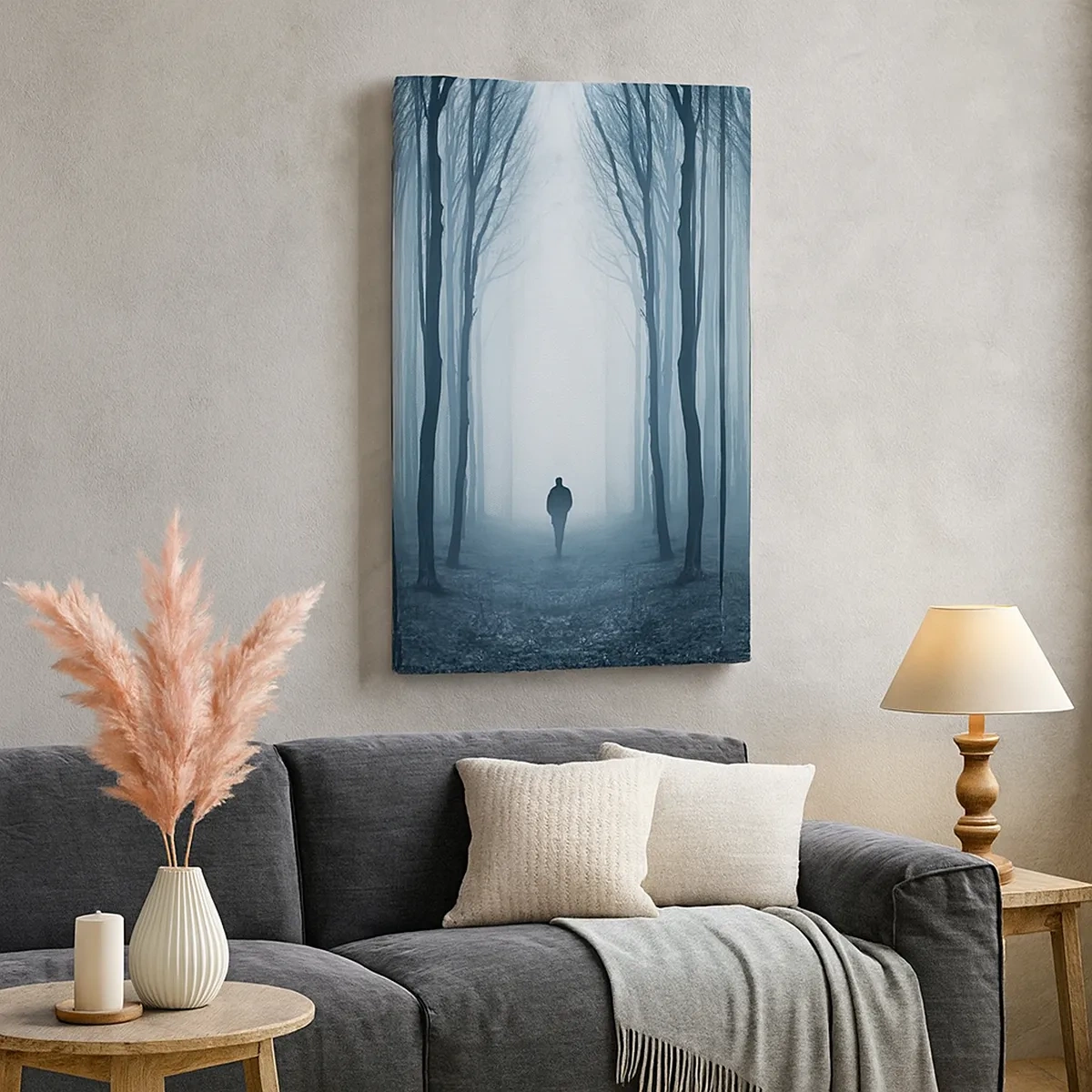 Impression sur toile - Image sur toile - Une silhouette marchant parmi les arbres dans une forêt brumeuse - 50x70cm - Tout est simple et clair - Décoration murale moderne pour le salon et la chambre ARTTOR