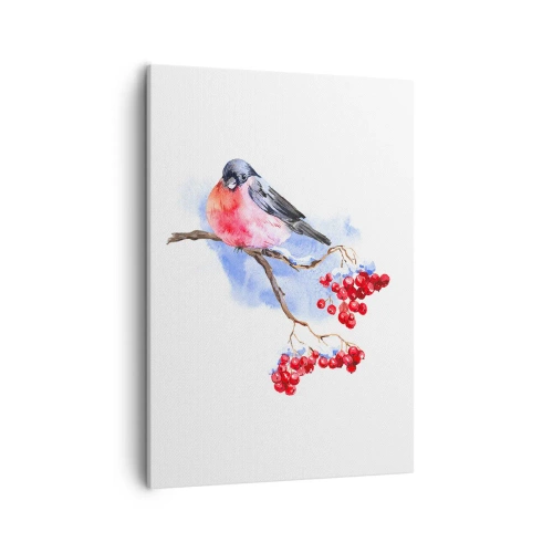 Impression sur toile - Image sur toile - Oiseau sur une branche avec des fruits rouges sur fond aquarelle - 50x70cm - L'hiver en couleurs - Décoration murale moderne pour le salon et la chambre ARTTOR