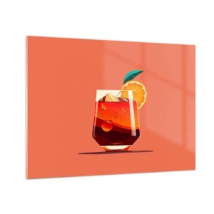 Impression sur verre - Image sur verre - Une boisson colorée à l'orange sur un fond pêche chaud - 70x50cm - Rafraîchissement d'été - Décoration murale moderne pour le salon et la chambre ARTTOR