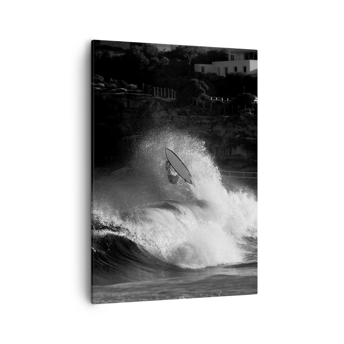 Impression sur toile - Image sur toile - Un surfeur sur une vague en monochrome - 50x70cm - Défi accepté! - Décoration murale moderne pour le salon et la chambre ARTTOR