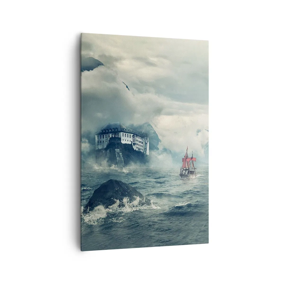 Impression sur toile - Image sur toile - Un paysage mystérieux avec un château, des montagnes et un navire - 80x120cm - Dans l'eau magique - Décoration murale moderne pour le salon et la chambre ARTTOR