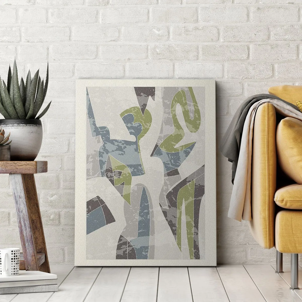 Impression sur toile - Image sur toile - Formes abstraites en vert et bleu sur fond clair - 80x120cm - Composition derrière la vitre - Décoration murale moderne pour le salon et la chambre ARTTOR