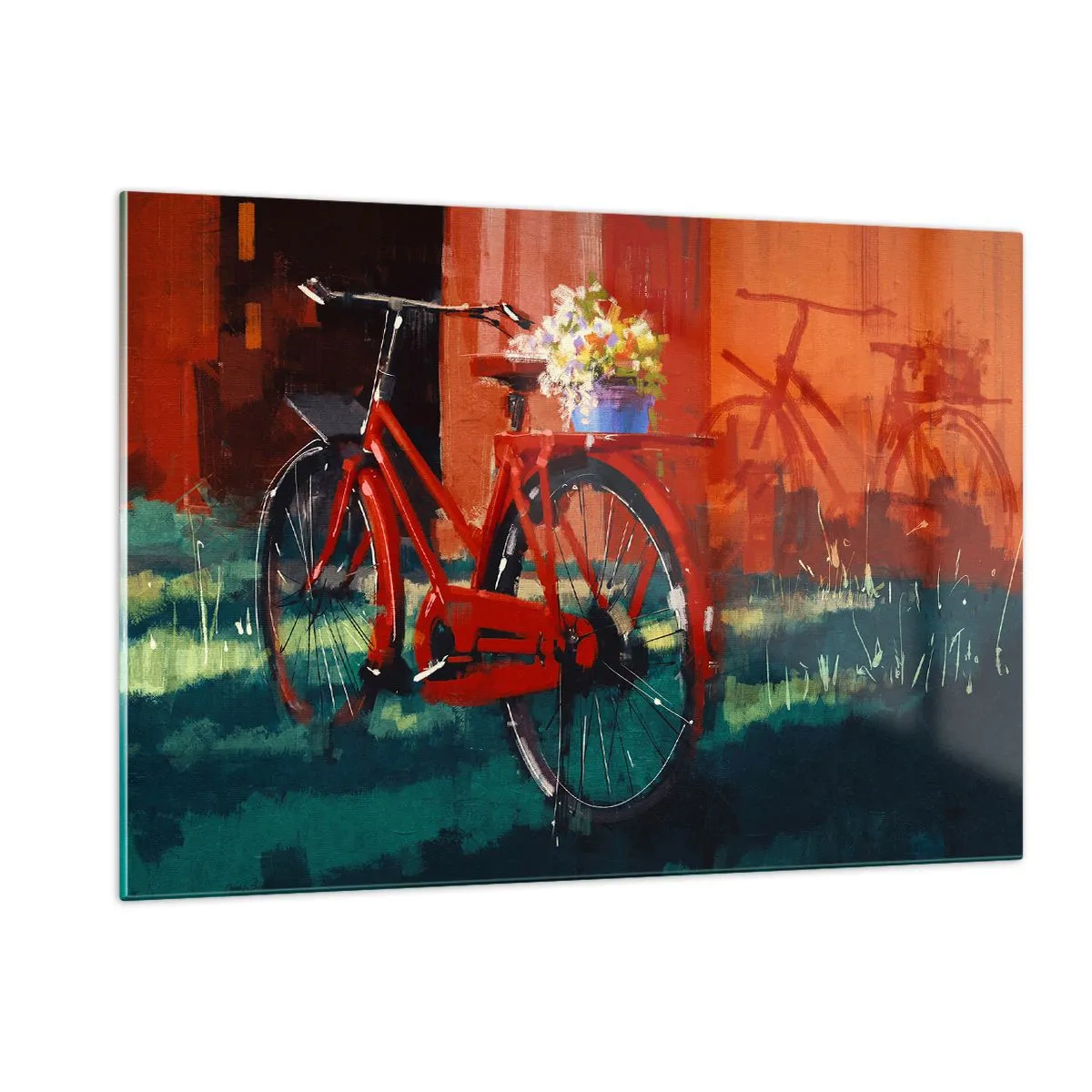 Impression sur verre - Image sur verre - Un vélo rouge avec des fleurs devant un bâtiment rouge - 120x80cm - I want to ride my bicycle - Décoration murale moderne pour le salon et la chambre ARTTOR