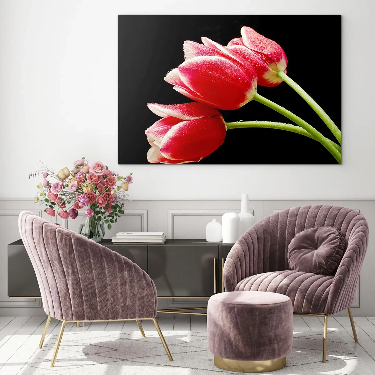 Impression sur verre - Image sur verre - Tulipes rouges avec des gouttes de rosée sur fond noir - 100x70cm - Une promesse d'amour pur - Décoration murale moderne pour le salon et la chambre ARTTOR