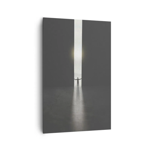 Impression sur toile - Image sur toile - Un homme debout dans la lumière d'une fente étroite dans un espace sombre - 80x120cm - Étape vers un avenir radieux - Décoration murale moderne pour le salon et la chambre ARTTOR