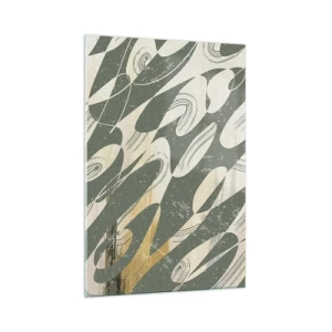 Impression sur verre - Image sur verre - Formes dynamiques dans des tons de vert et d'or - 70x100cm - Abstraction rythmique - Décoration murale moderne pour le salon et la chambre ARTTOR