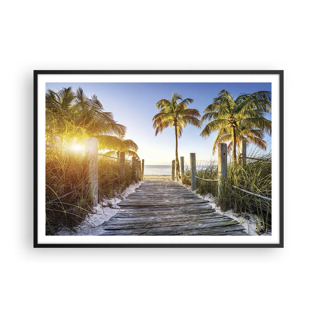 Affiche dans un cadre noir - Poster - Chemin en bois sur la plage avec des palmiers en arrière-plan - 100x70cm - Directement au paradis - Décoration murale moderne pour le salon et la chambre ARTTOR