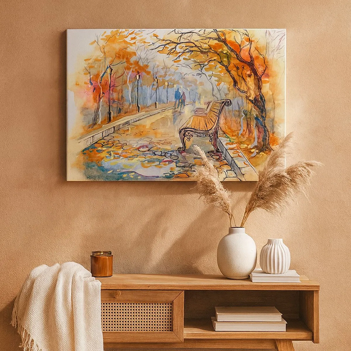 Impression sur toile - Image sur toile - Un parc d'automne avec un banc à l'aquarelle - 70x50cm - Errer ensemble à l'automne - Décoration murale moderne pour le salon et la chambre ARTTOR