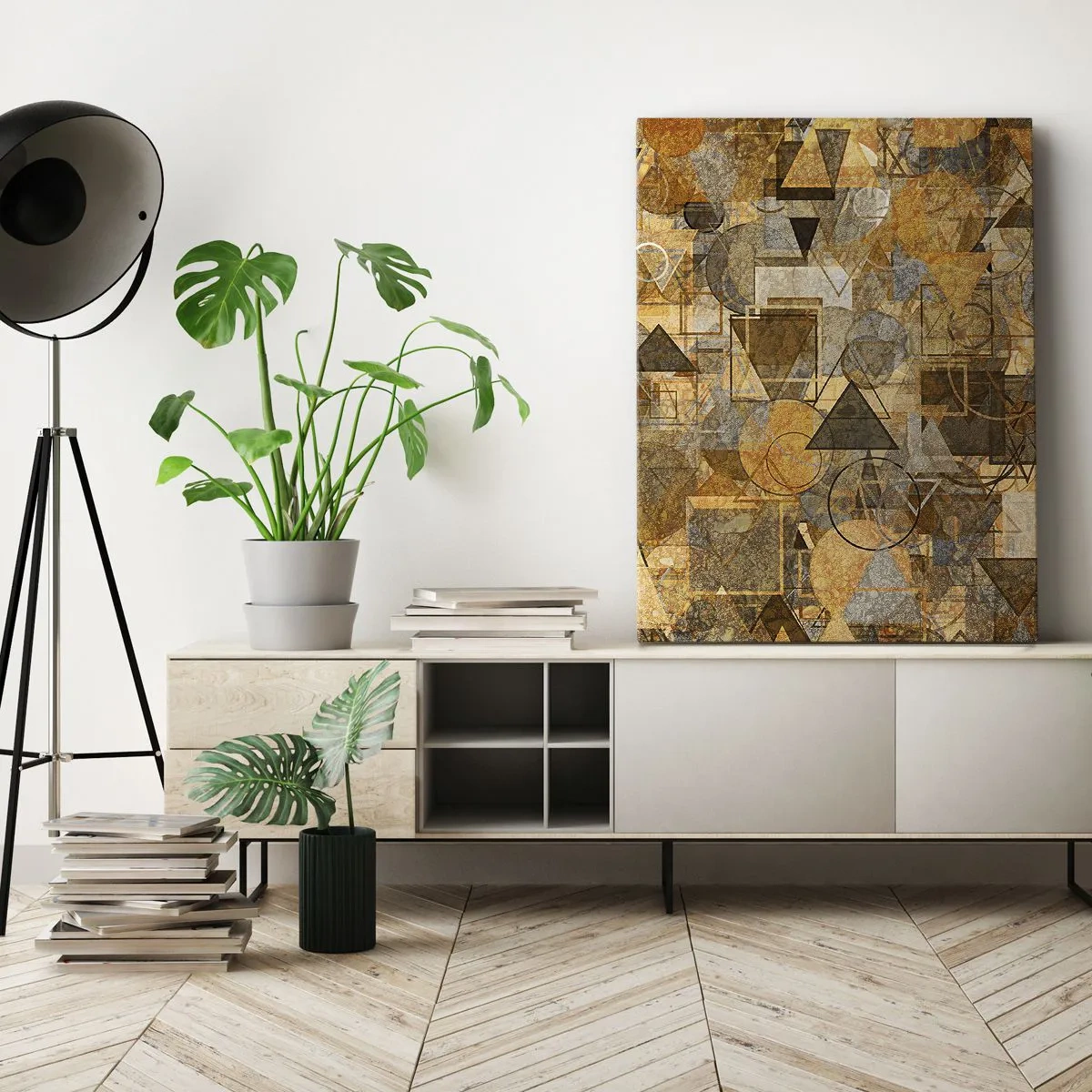 Impression sur toile - Image sur toile - Motifs géométriques abstraits dans des tons dorés - 50x70cm - Le monde en forme - Décoration murale moderne pour le salon et la chambre ARTTOR