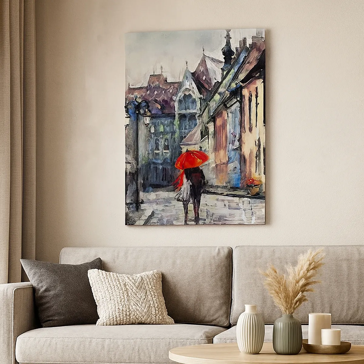 Impression sur toile - Image sur toile - Une charmante rue de la ville avec un couple sous un parapluie rouge - 50x70cm - Pluie pour deux - Décoration murale moderne pour le salon et la chambre ARTTOR