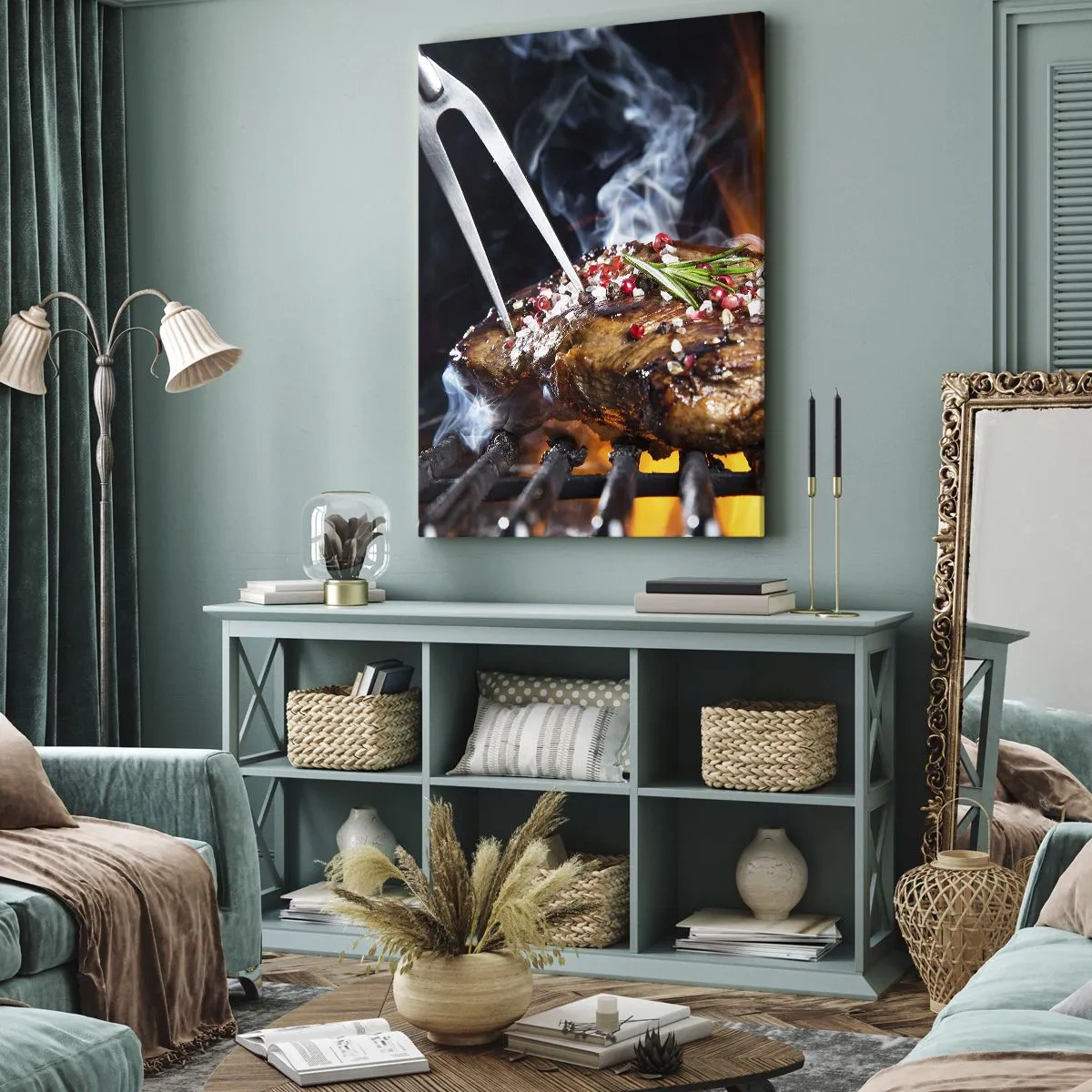 Impression sur toile - Image sur toile - Steak grillé sur un gril aux épices - 70x100cm - Juteux et parfumé - Décoration murale moderne pour le salon et la chambre ARTTOR