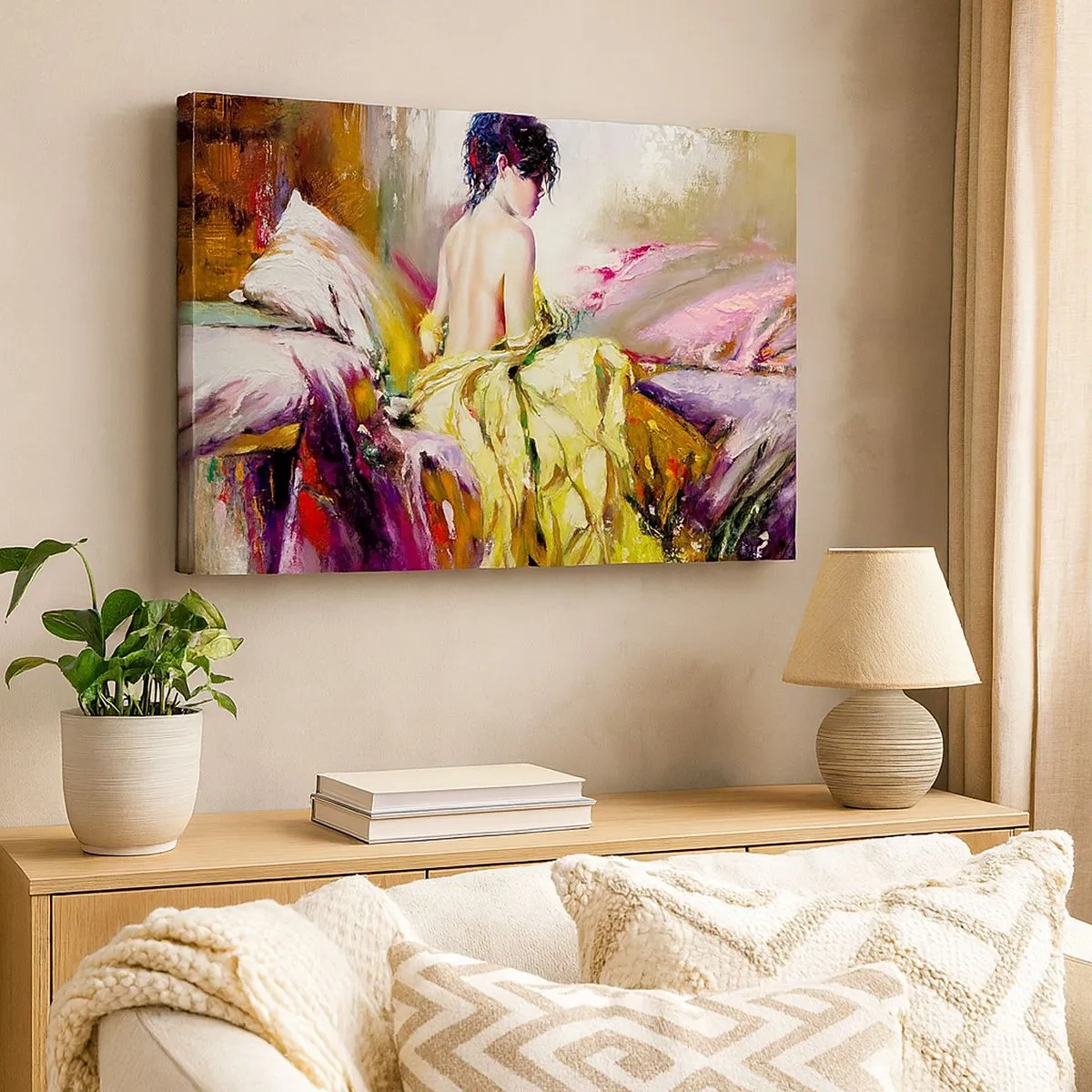 Impression sur toile - Image sur toile - Une scène picturale d'une femme sur un lit dans une atmosphère romantique - 70x50cm - Entre les lèvres et le bord de la tasse - Décoration murale moderne pour le salon et la chambre ARTTOR