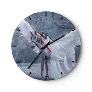 Horloge murale - Pendule murale - Une femme près d'un cheval blanc aux ailes déployées - 30x30cm - Un moment inspiré - Décoration murale moderne pour le salon, la cuisine et la chambre ARTTOR