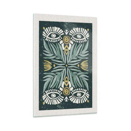 Impression sur verre - Image sur verre - Motif végétal symétrique sur fond vert - 80x120cm - Comme une découpe folklorique - Décoration murale moderne pour le salon et la chambre ARTTOR