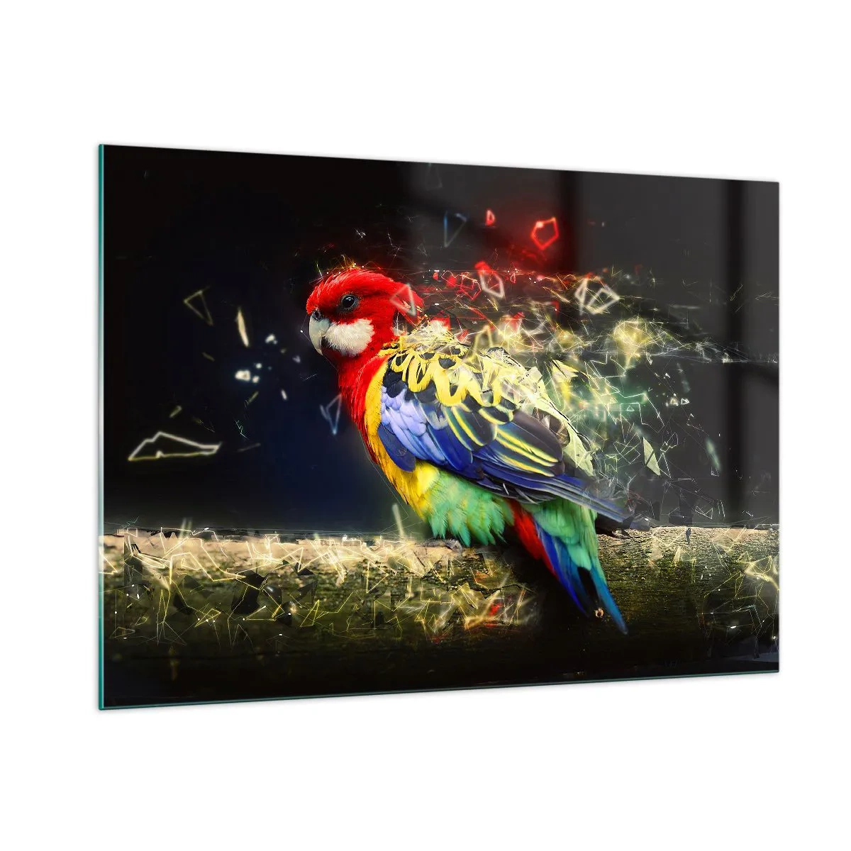 Impression sur verre - Image sur verre - Un perroquet coloré dans une composition artistique avec un effet éclatant - 100x70cm - Messager d'éclat - Décoration murale moderne pour le salon et la chambre ARTTOR