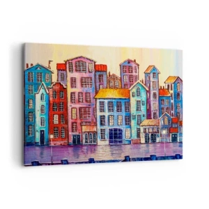 Impression sur toile - Image sur toile - Maisons colorées au bord de l'eau dans un style artistique - 120x80cm - Une ville comme dans un conte de fées - Décoration murale moderne pour le salon et la chambre ARTTOR