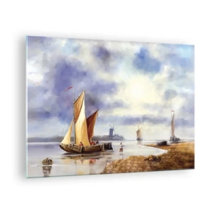 Impression sur verre - Image sur verre - Voiliers sur un lac calme avec des moulins à vent en arrière-plan - 70x50cm - Retour de marin - Décoration murale moderne pour le salon et la chambre ARTTOR