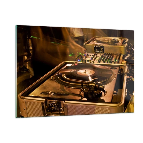 Impression sur verre - Image sur verre - Une platine sur fond de fête avec des effets de lumière dynamiques - 120x80cm - Sentez-vous cette force? - Décoration murale moderne pour le salon et la chambre ARTTOR