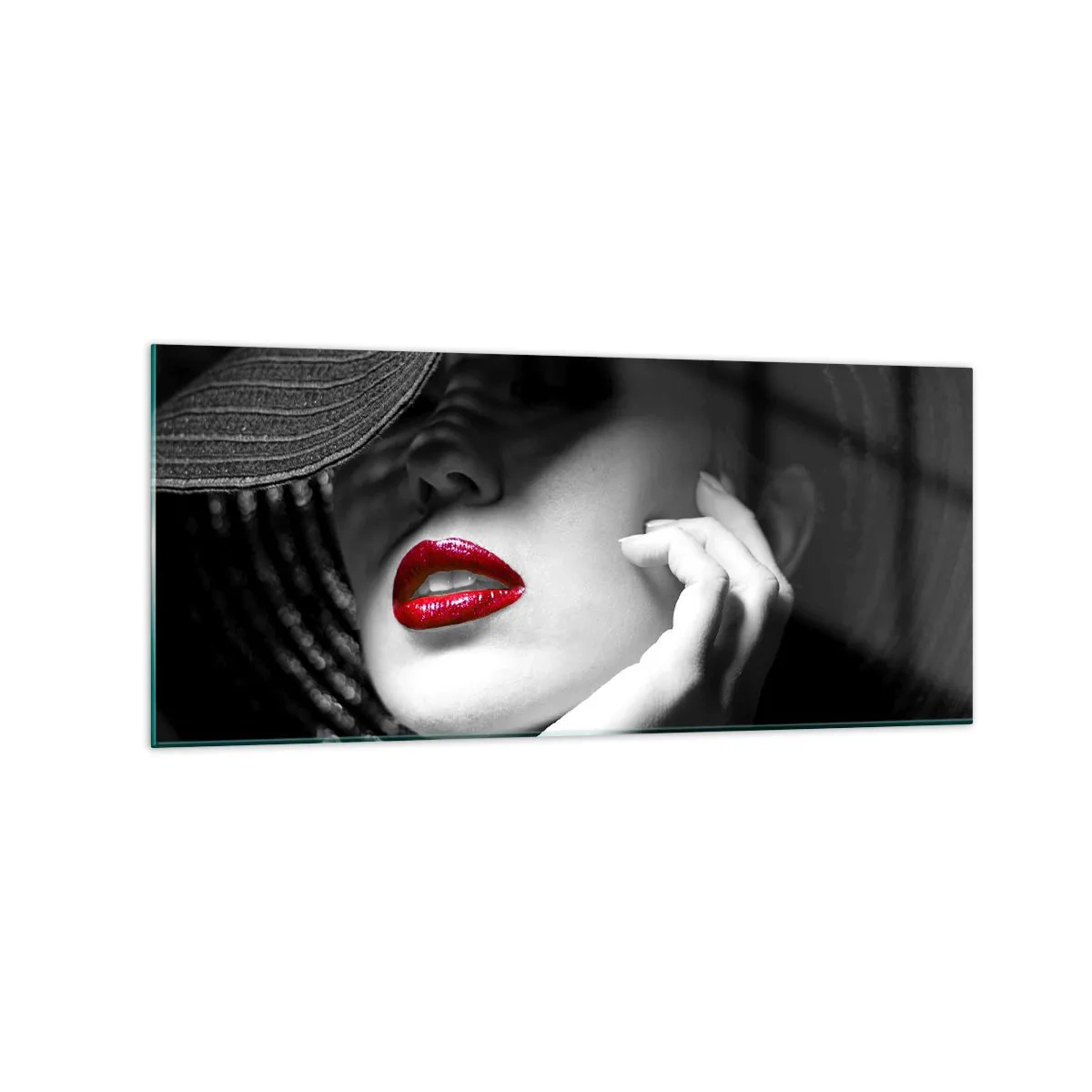 Impression sur verre - Image sur verre - Portrait noir et blanc d'une femme aux lèvres rouges - 120x50cm - Étude écarlate - Décoration murale moderne pour le salon et la chambre ARTTOR