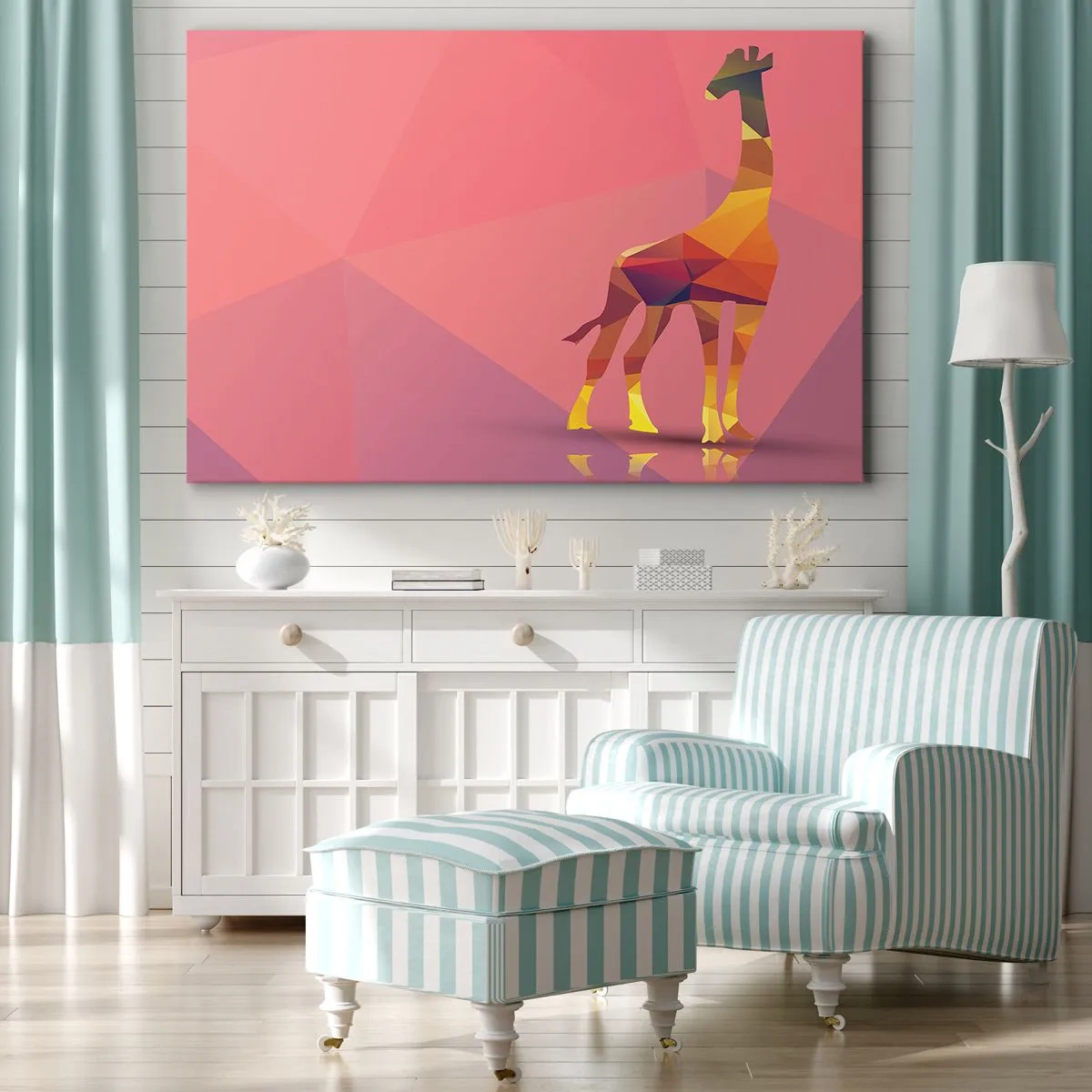 Impression sur toile - Image sur toile - Silhouette de girafe géométrique dans des tons pastel de rose et de jaune - 100x70cm - Les nuances de la savane - Décoration murale moderne pour le salon et la chambre ARTTOR