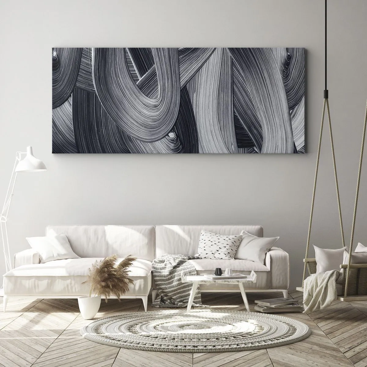 Impression sur toile - Image sur toile - Abstraction en noir et blanc avec des coups de pinceau dynamiques. - 120x50cm - La fluidité de la réalité - Décoration murale moderne pour le salon et la chambre ARTTOR