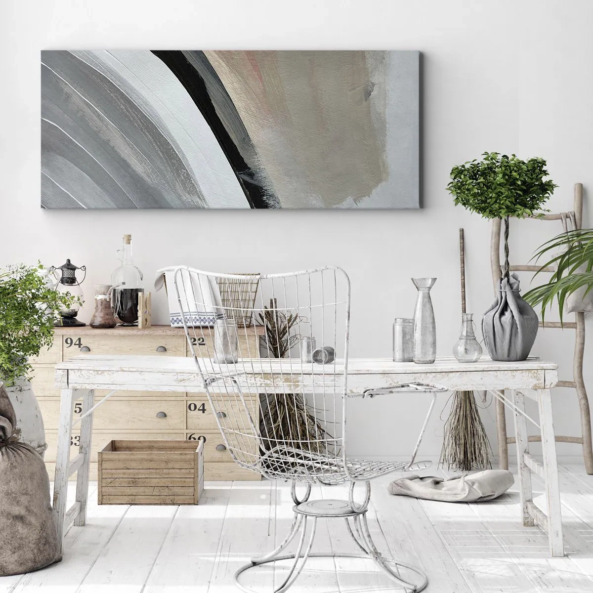 Impression sur toile - Image sur toile - Arche abstraite dans les tons de noir, gris et beige - 140x50cm - Composition : arc de noir et gris - Décoration murale moderne pour le salon et la chambre ARTTOR