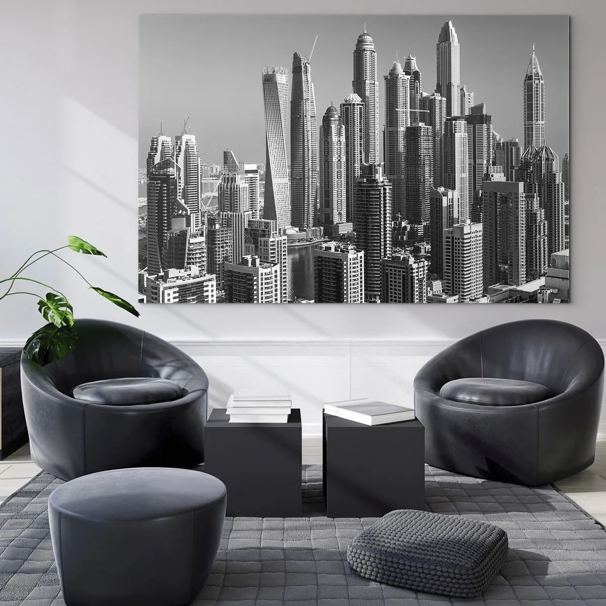 Impression sur verre - Image sur verre - Panorama noir et blanc des gratte-ciels de la ville - 70x50cm - Ville sur le désert - Décoration murale moderne pour le salon et la chambre ARTTOR
