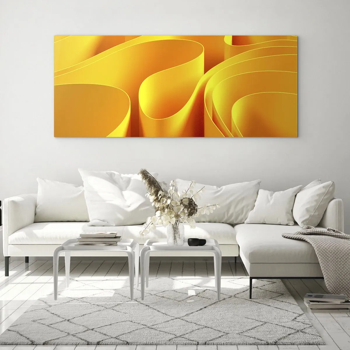 Impression sur verre - Image sur verre - Vagues abstraites jaunes ressemblant à des rayons de soleil - 140x50cm - Comme les vagues du soleil - Décoration murale moderne pour le salon et la chambre ARTTOR