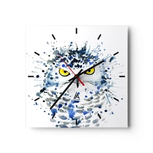 Horloge murale - Pendule murale - Portrait abstrait d'un hibou aux couleurs bleu et jaune - 30x30cm - Droit dans les yeux - Décoration murale moderne pour le salon et la chambre ARTTOR
