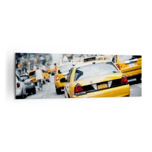 Impression sur toile - Image sur toile - Des taxis jaunes dans une rue animée du centre-ville de la métropole - 160x50cm - Seulement dans cette ville - Décoration murale moderne pour le salon et la chambre ARTTOR